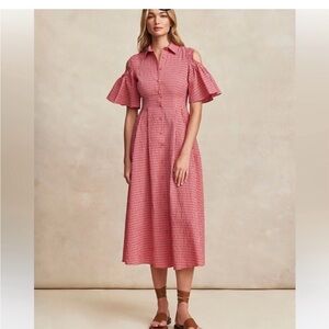 PEARL by LELA ROSE Poppy Multi Checked Cold-Shoulder Button Midi-Maxi Dress